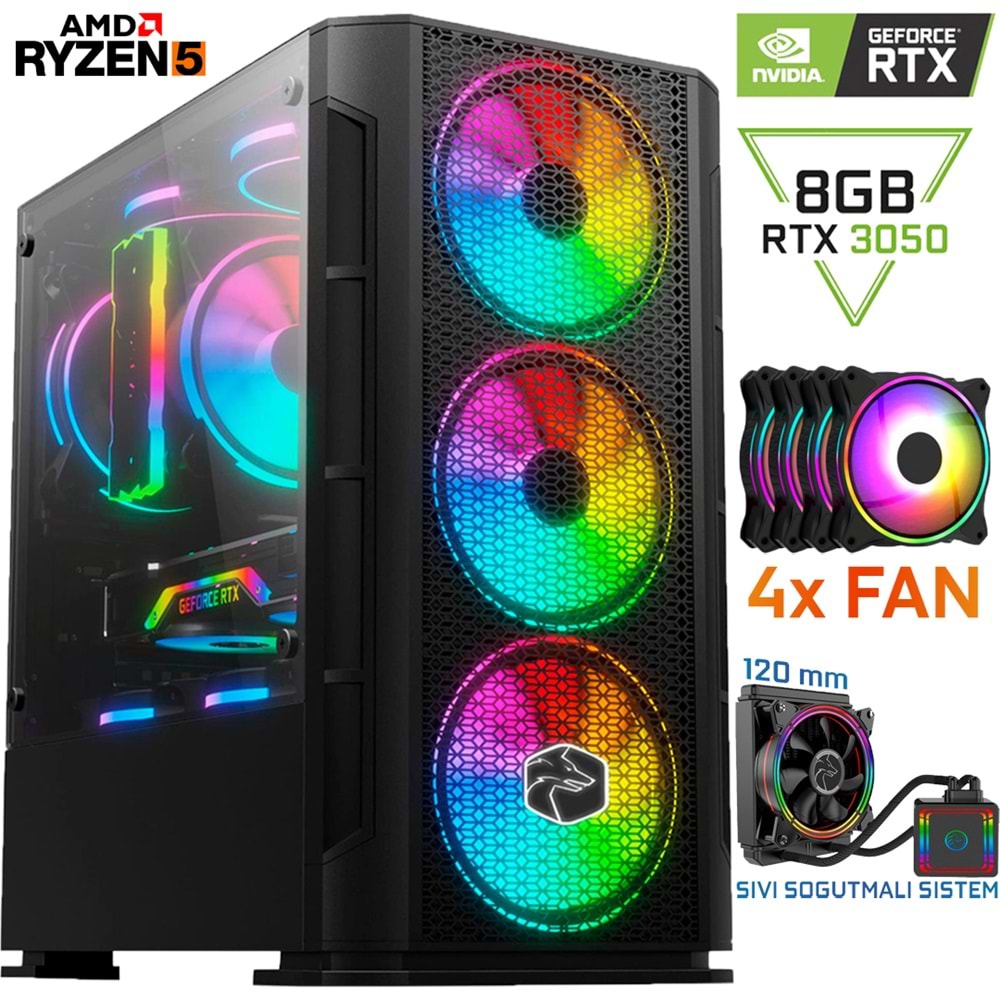 NX40 RYZEN 5 5600 32GB DDR4 1TB SSD RTX3050 8GB Sıvı Soğutmalı Oyuncu Masaüstü Bilgisayar