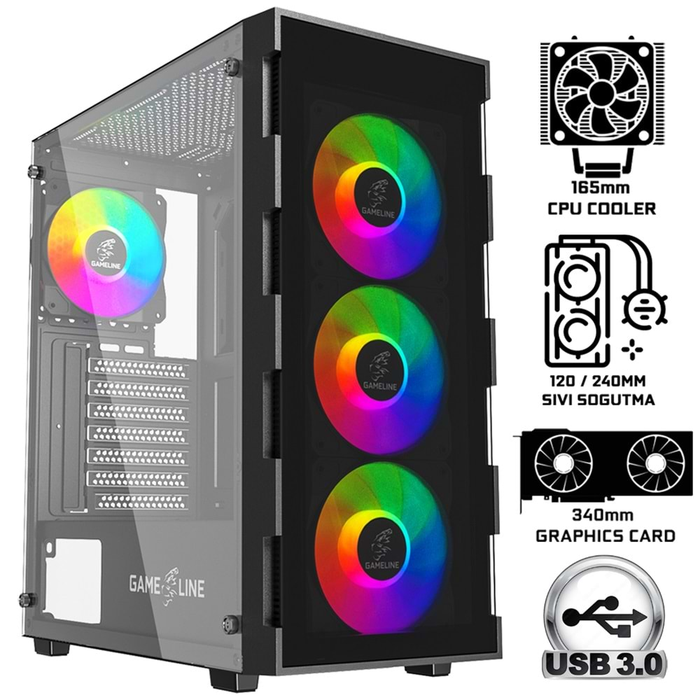 Gameline ELISA-GLASS 4x Rainbow Fan ATX USB 3.0 Gaming Bilgisayar Kasası