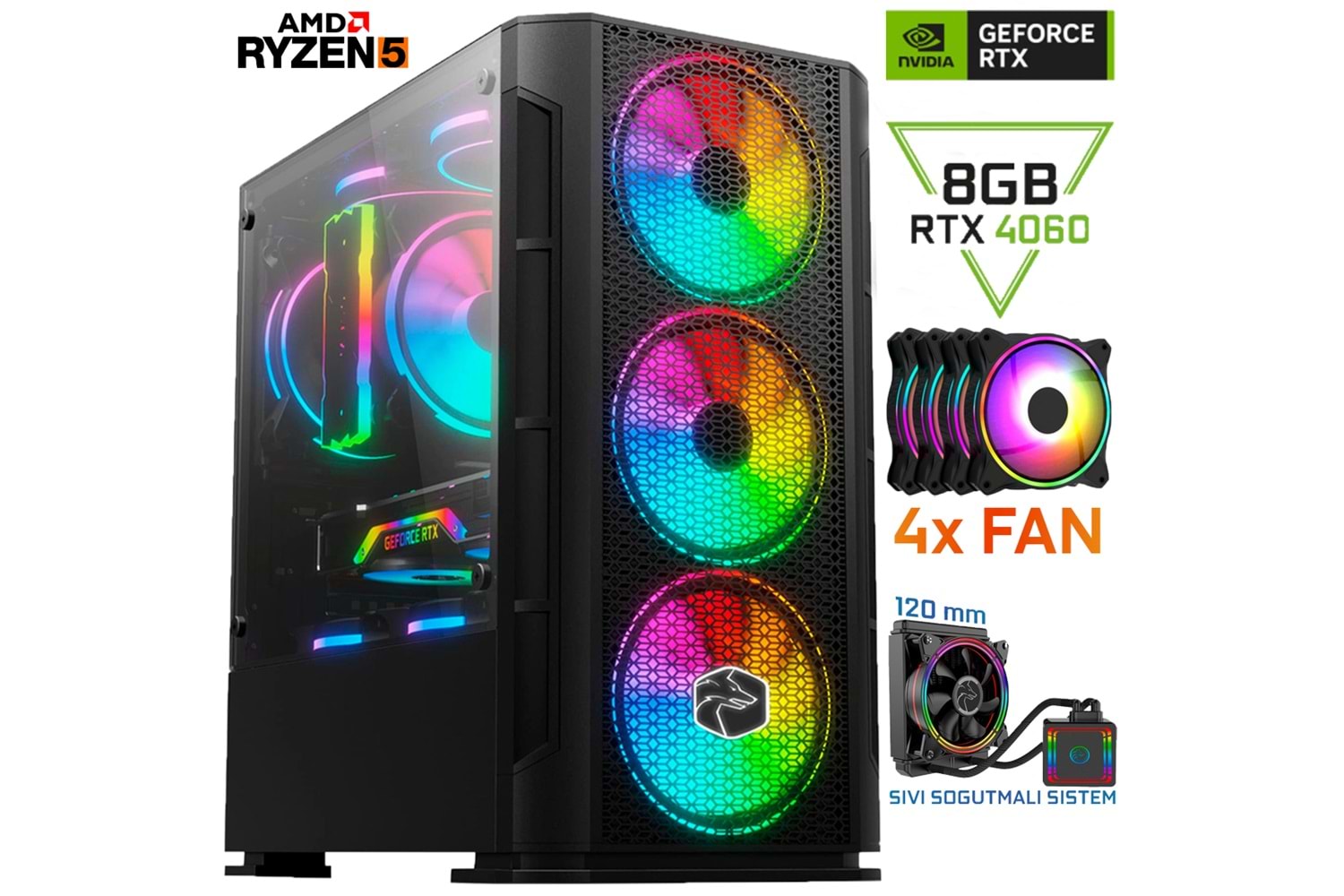 NX60 RYZEN 5 5600x 32GB DDR4 1TB SSD RTX4060 8GB Sıvı Soğutmalı Oyuncu Masaüstü Bilgisayar