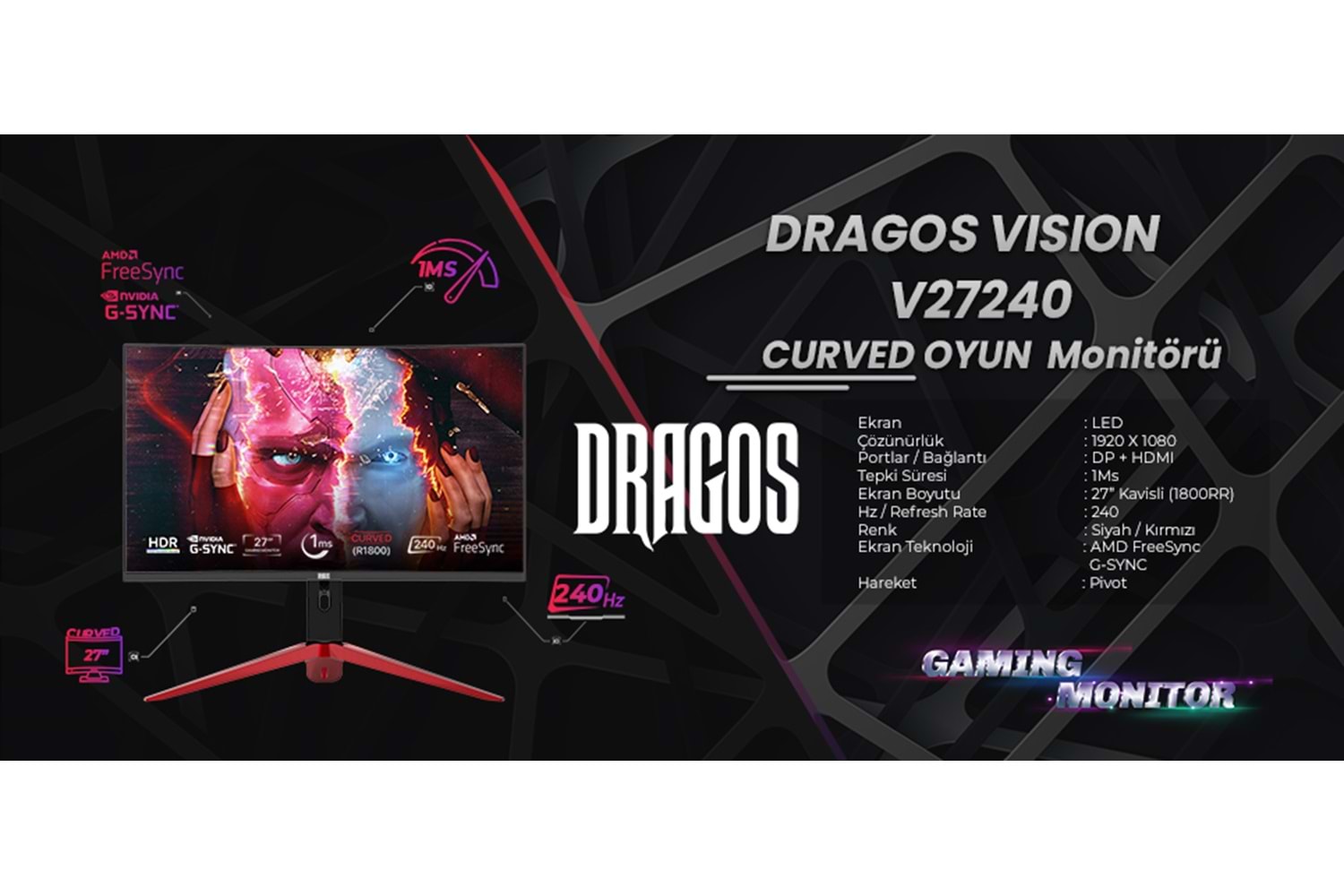 Dragos VISION V27240 1ms 240Hz Hdmi Dp 1920x1080 27