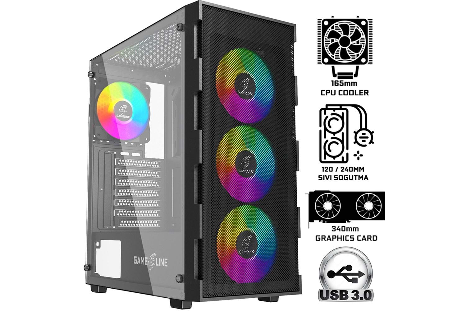 Gameline ELISA-MESH 4x Rainbow Fan ATX USB 3.0 Gaming Bilgisayar Kasası