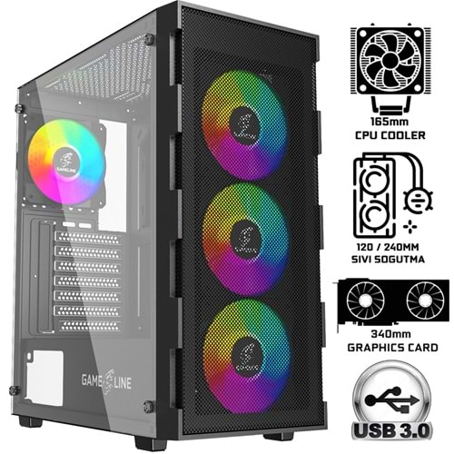 Gameline ELISA-MESH 4x Rainbow Fan ATX USB 3.0 Gaming Bilgisayar Kasası