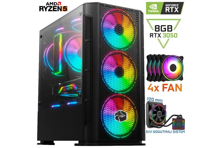 NX45 RYZEN 7 5700X 16GB DDR4 500GB SSD RTX3050 8GB Sıvı Soğutmalı Oyuncu Masaüstü Bilgisayar
