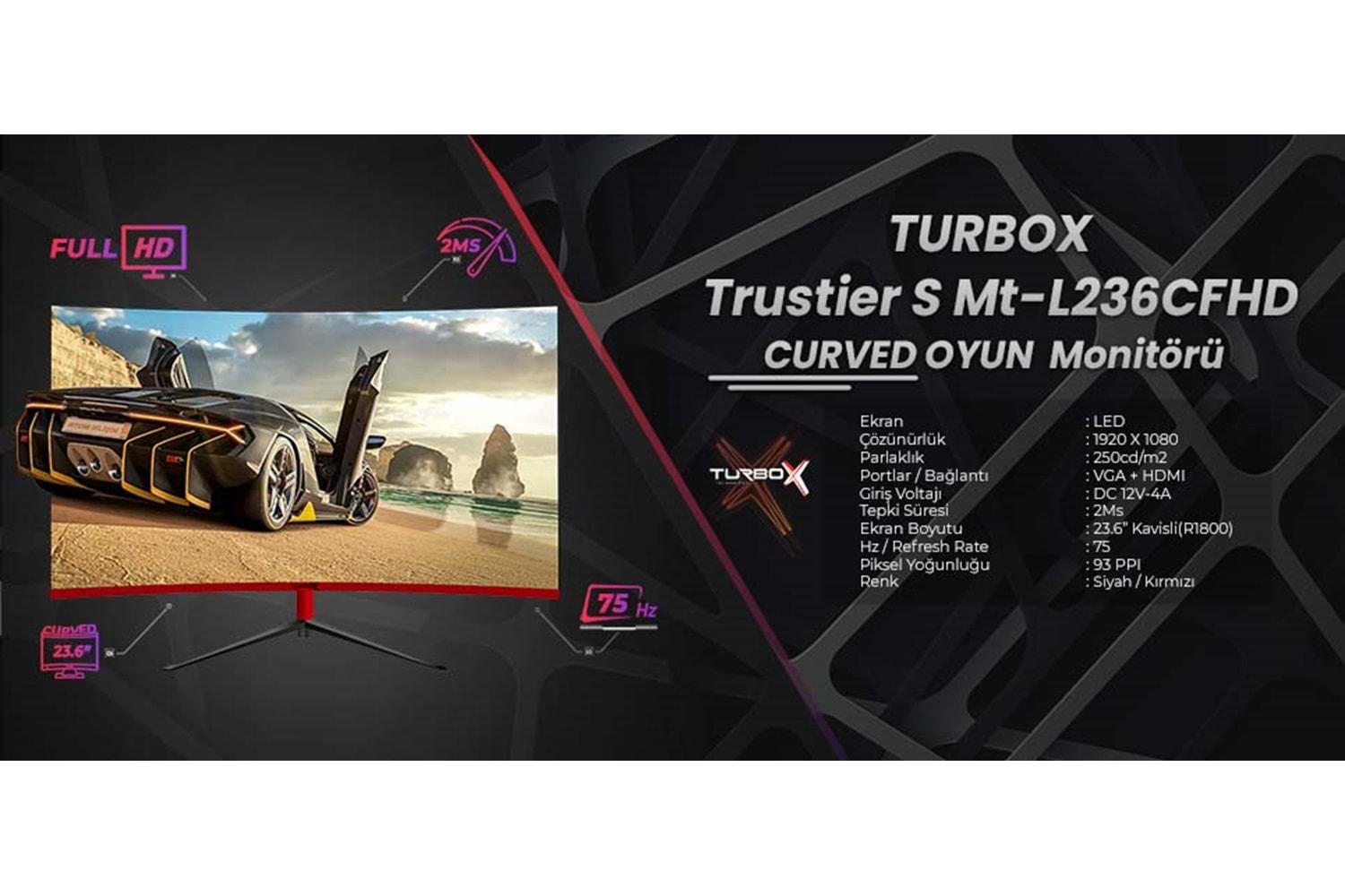 Turbox Trustier S Mt-L236CFHD 75Hz 2ms Vga Hdmi 1920x1080 23.6