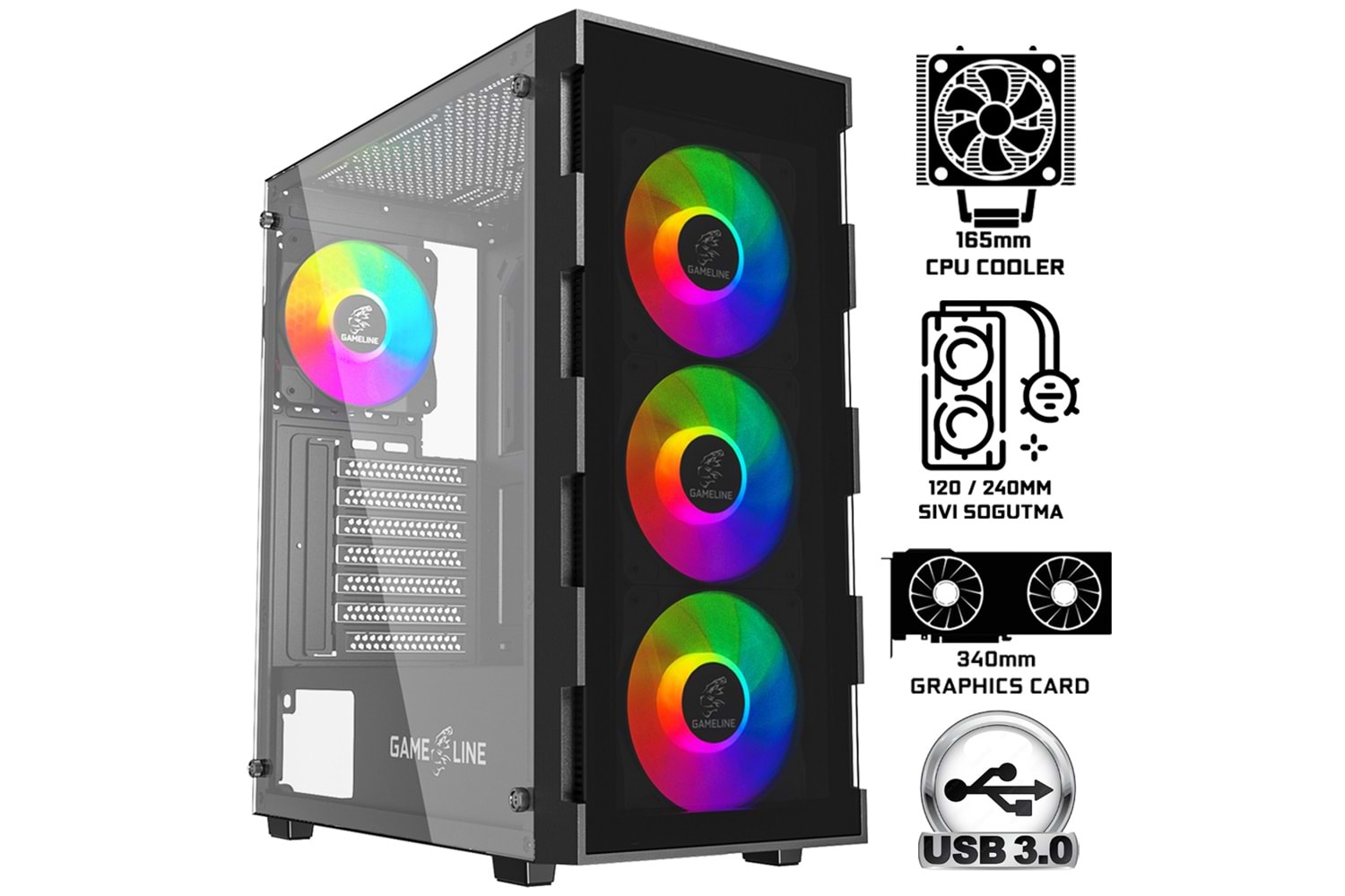 Gameline ELISA-GLASS 4x Rainbow Fan ATX USB 3.0 Gaming Bilgisayar Kasası